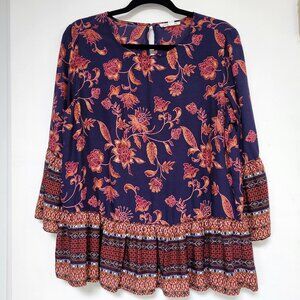 Beach Lunch Lounge Boho Floral Tunic Top 3/4 Bell Sleeve